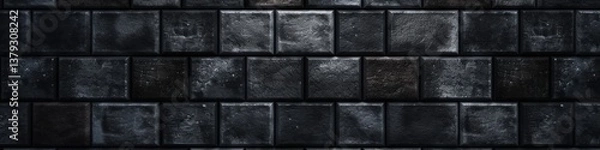 Fototapeta Close-up of dark, textured rectangular tiles forming a pattern against a black backdrop tile pattern
