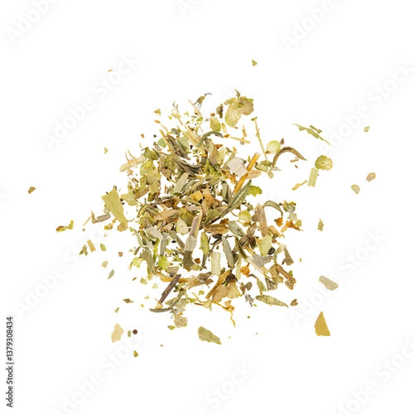 Fototapeta Dried Mixed Herbs on White Background – Culinary Seasoning Close-Up