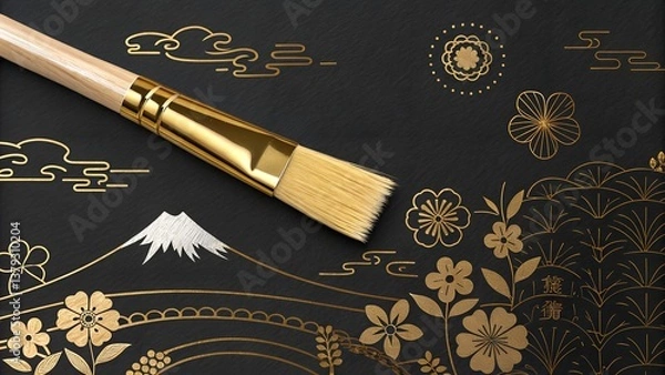 Fototapeta golden brush on black background in japanese style