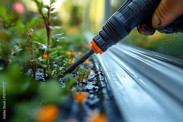 Fototapeta Applying Silicone Sealant to Window Frame for Home Repair in Garden