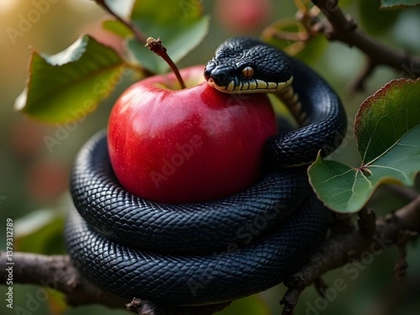 Fototapeta Black snake coiled around red apple, glossy scales, piercing eyes, symbolic temptation and forbidden fruit