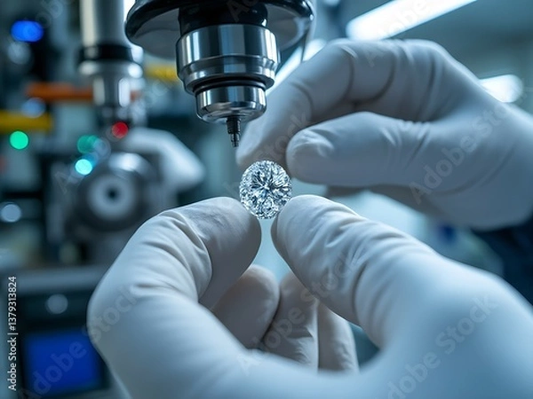Fototapeta Close-up of scientist in white gloves handling rough diamond, single-origin diamond production, high-tech lab equipment