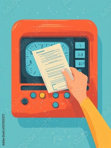 Fototapeta Hand Inserting Timesheet in Retro Clocking Machine