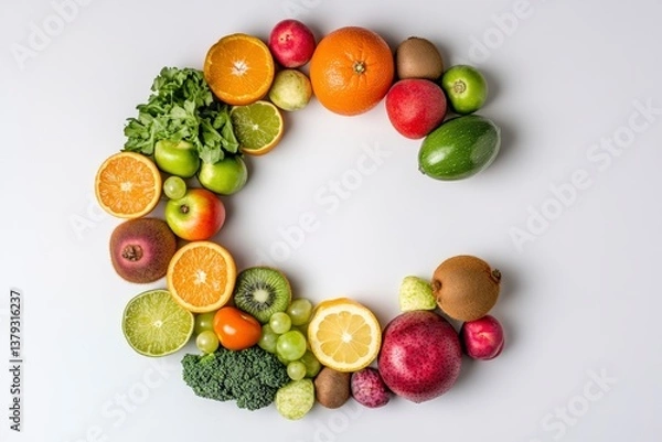 Fototapeta Vitamin C Concept Fruits and Vegetables Arranged in Letter Shape