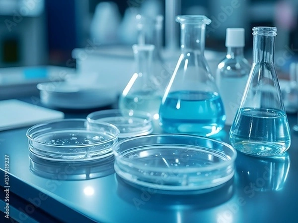 Fototapeta Scientific workbench with beakers and Petri dishes, soft focus, light blue ambience, abstract lab background 