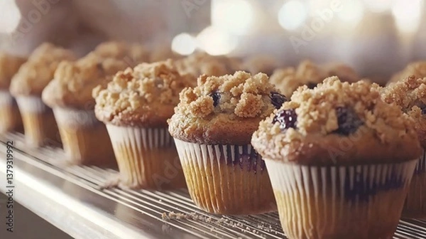 Obraz Golden muffins with blueberry and crumb topping, lined on a wire rack