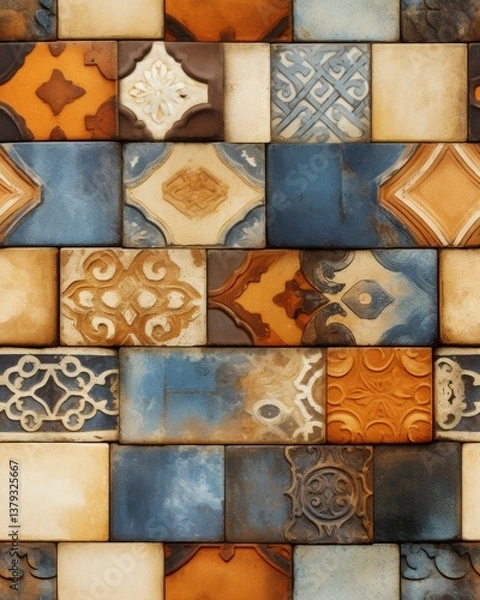 Obraz Colorful patterned tiles arranged in a wall-like structure, showcasing diverse designs and textures tile pattern