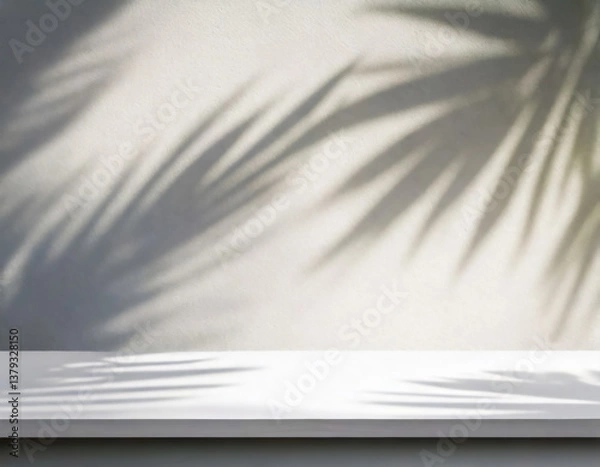 Fototapeta white empty wall with shadow from palm tree background for product display
