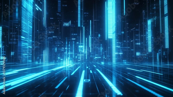 Fototapeta astarte.ai: Digital Light Beams – Futuristic Blue Data Network Background