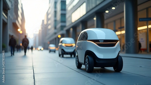 Fototapeta Present a sleek wallpaper design capturing autonomous delivery robots with extensive empty space and refined digital imagery that denote innovative robotic logistics advanced autonomous navigation tra