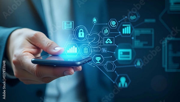 Fototapeta Visual Narrative of Digital Financial Services: Comprehensive Online Payment Systems, Secure Mobile Banking, and Innovative Fintech Solutions in Stock Photo Concept