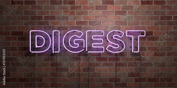 Fototapeta DIGEST - fluorescent Neon tube Sign on brickwork - Front view - 3D rendered royalty free stock picture. Can be used for online banner ads and direct mailers..