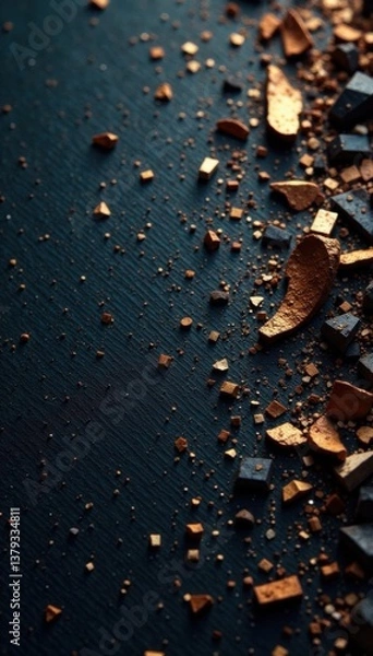 Fototapeta Dark abstract texture background with dense wood grains and scattered metal shards, pattern, background, dark