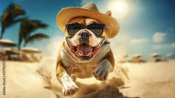 Obraz Bulldog wearing a straw hat and a neck scarf, adding charm to the scene.
