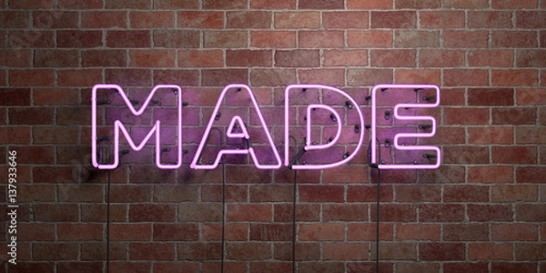 Fototapeta MADE - fluorescent Neon tube Sign on brickwork - Front view - 3D rendered royalty free stock picture. Can be used for online banner ads and direct mailers..