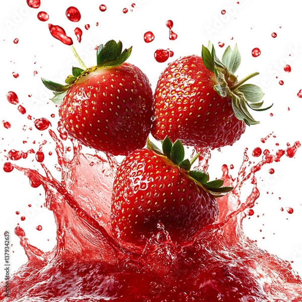Fototapeta Ripe Strawberries Splashing into Crimson Juice Isolated on Transparent Background