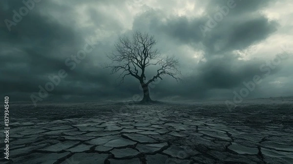 Obraz Lone Tree Against Dramatic Clouds in Arid Landscape at Dusk