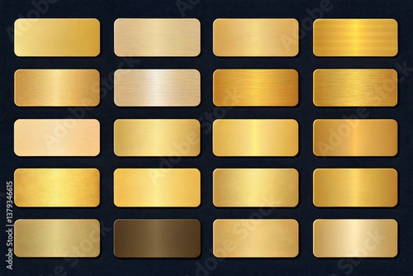 Fototapeta A collection of luxurious gold gradient swatches with a metallic finish, displayed in a rounded rectangular format on a dark background. The gradients vary from smooth transitions to more defined ligh