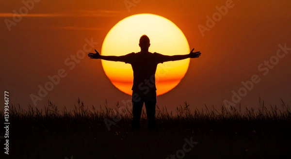 Fototapeta Silhouette of Man with Arms Outstretched Against Dramatic Golden Sunset Sky in Open Grassy Field