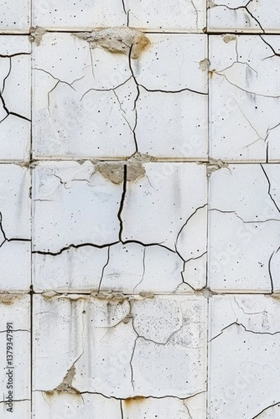 Obraz Cracked white wall texture, close-up view.  Exterior building surface showing age and damage tile pattern