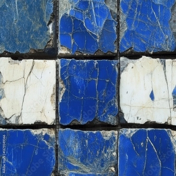 Obraz Damaged blue and white tile wall, outdoor tile pattern