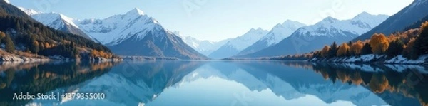 Fototapeta A tranquil alpine lake with snow-capped peaks reflected perfectly in its mirror-like surface, alpine scenery, alpine lakes, serenity