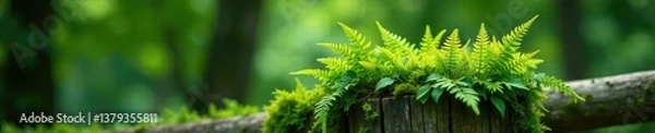 Fototapeta A wreath of ferns and moss on a wooden fence post, post, leafy, botanical