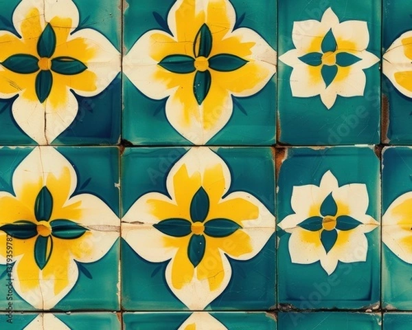 Obraz Decorative patterned teal and cream ceramic tiles with yellow flowers tile pattern