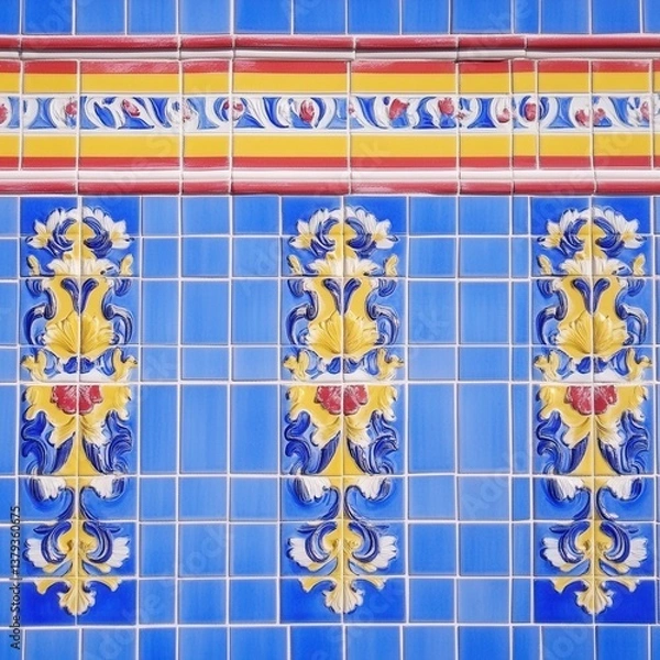 Obraz Decorative Tile Wall Detailed blue tiles, yellow accents, red highlight, outdoor setting tile pattern