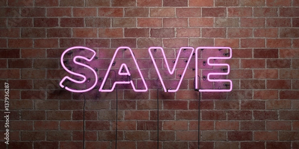 Fototapeta SAVE - fluorescent Neon tube Sign on brickwork - Front view - 3D rendered royalty free stock picture. Can be used for online banner ads and direct mailers..