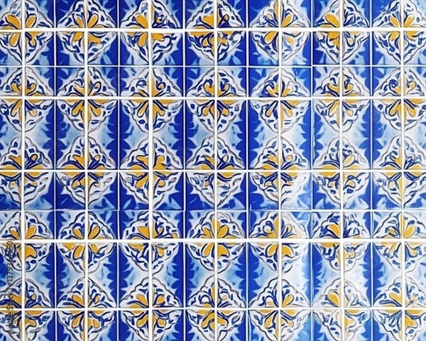 Fototapeta Detailed blue & yellow tile pattern on wall, a background texture tile pattern