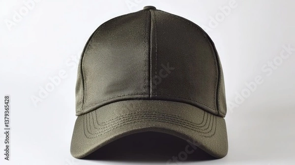 Obraz Dark green baseball cap close-up on white background - textured stitching detail