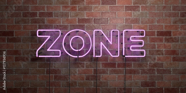 Fototapeta ZONE - fluorescent Neon tube Sign on brickwork - Front view - 3D rendered royalty free stock picture. Can be used for online banner ads and direct mailers..