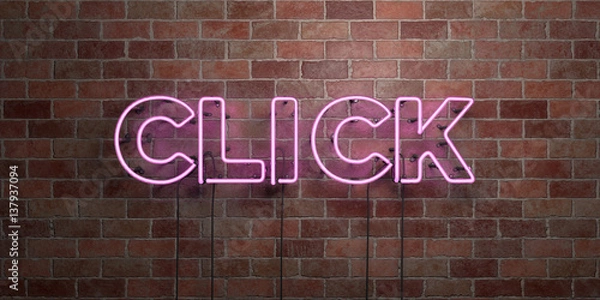 Fototapeta CLICK - fluorescent Neon tube Sign on brickwork - Front view - 3D rendered royalty free stock picture. Can be used for online banner ads and direct mailers..