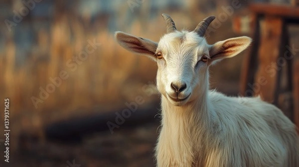 Fototapeta Close-up of a White Goat with Horns in Warm Natural Light