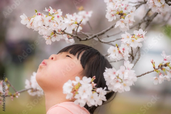 Obraz 満開の立岡自然公園で桜に顔をうずめる女の子