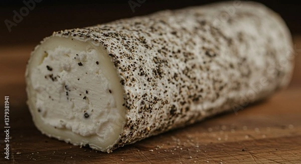Fototapeta Close up of a goat cheese log covered in black pepper on a wooden surface in a dark setting