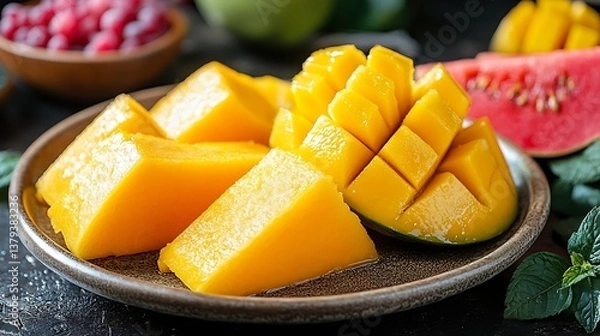 Fototapeta Juicy Mango Cubes with Summer Fruit Plate.