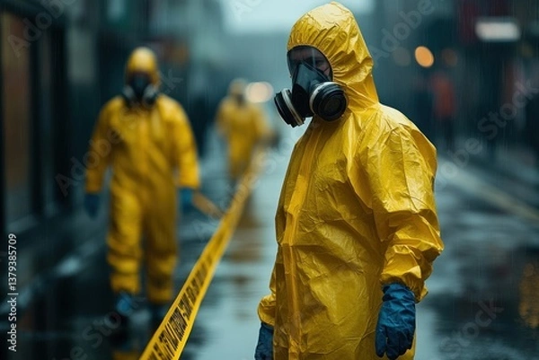 Obraz Hazardous Chemical Spill Clean-up Procedures and Safety Measures in Industrial Environments with Caution Signage