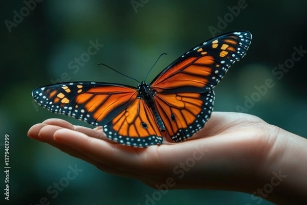 Fototapeta Close-Up of Vibrant Monarch Butterfly Resting on Human Hand in Natural Light