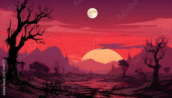 Obraz Pixel Art Landscape of Moody Sunset with Full Moon Silhouette Trees and Mountains in A Digital Painting