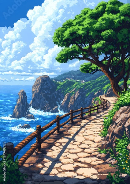 Obraz Pixel Art of Scenic Coastal Path with Blue Ocean Rocks and Lush Green Vegetation Under Cloudy Sky
