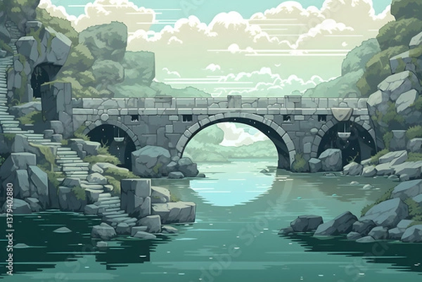 Obraz Pixel Art Stone Bridge Over Calm River Under Cloudy Sky Landscape with Old Architecture and Steps on the Side