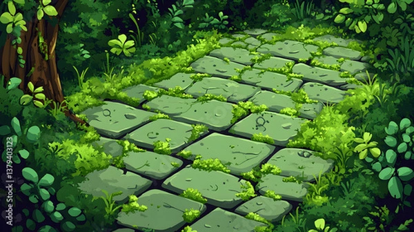 Obraz Pixel Art Stone Path Through Verdant Forest Landscape with Moss Covered Tiles and Lush Greenery Peaceful Natural Scene