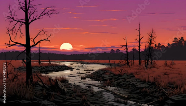 Obraz Pixel Art Sunset Landscape with River and Bare Trees Featuring Dark Silhouette Forest on the Horizon in Hues of Orange Purple and Red Sky