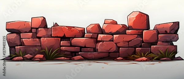 Obraz Rustic Red Brick Wall with Moss Pixel Art Style Texture Surface Structure Blocks in Ancient Ruins Design with Strong Weathered Background Element
