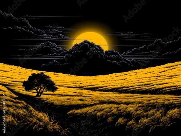 Obraz Pixel Art Sunset Over Golden Field with Solitary Tree Under Dark Cloudy Sky