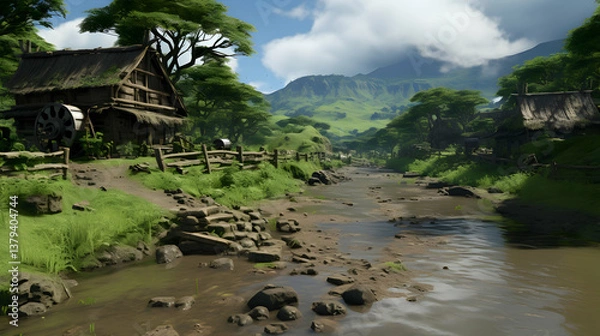 Obraz Rustic Wooden House Beside a Muddy River with Mountain Backdrop in Sunny Day