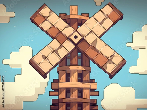 Obraz Rustic Wooden Windmill Illustration Against a Cloudy Blue Sky in Vintage Style with Geometric Shapes and Pixelated Details