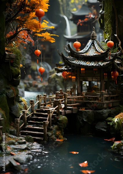 Obraz Scenic Autumn Landscape with Traditional Asian Architecture Pagoda Lanterns and Bridge Over Reflective River with Lush Autumnal Foliage